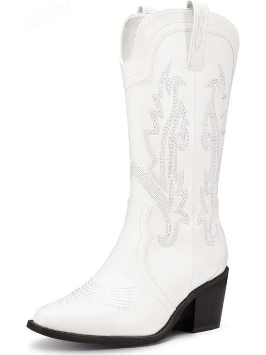 Shoes - Women's White Cowboy Boots Pointed Toe Western Boots Embroidered Mid Calf Boots